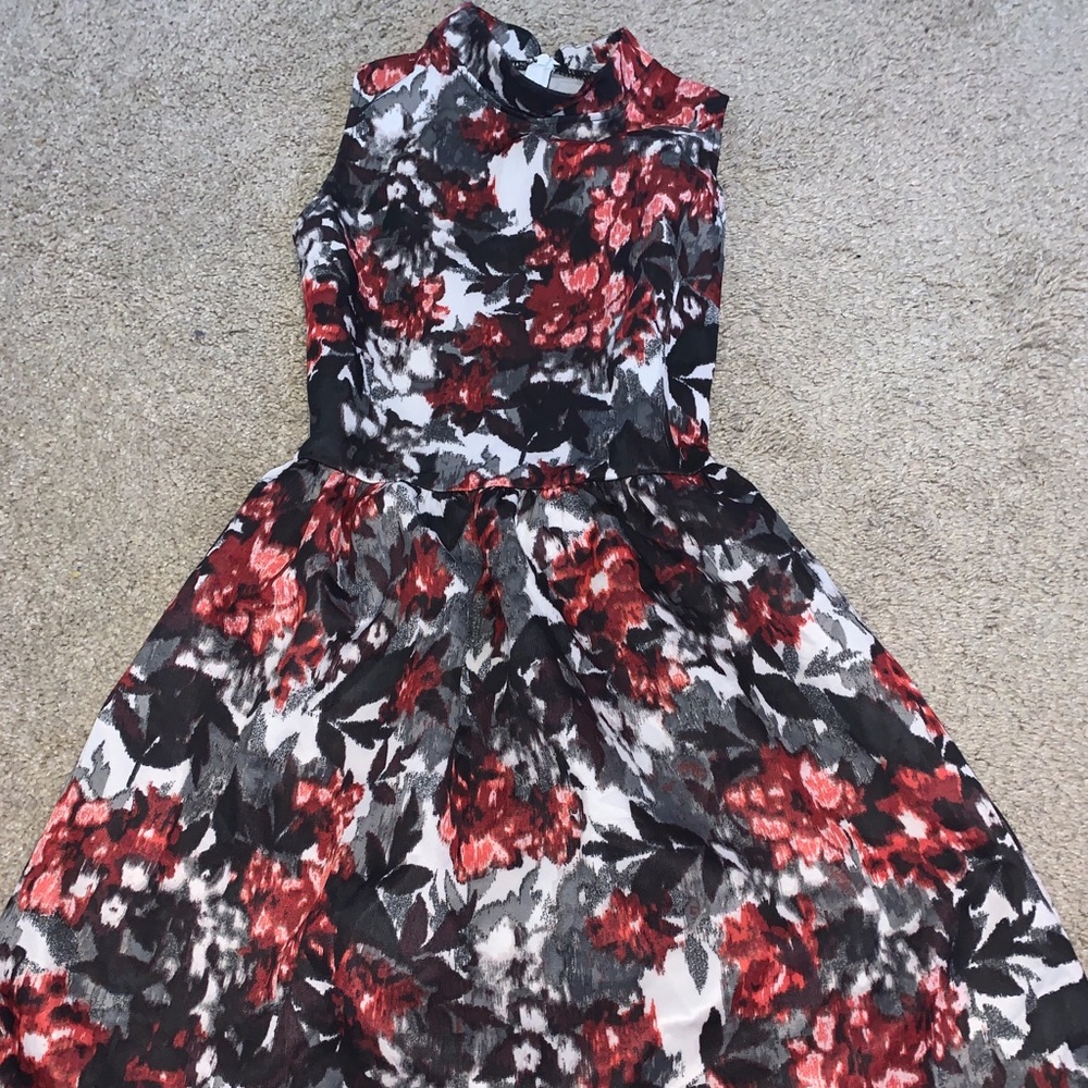 Red, black, grey and white flowered dress